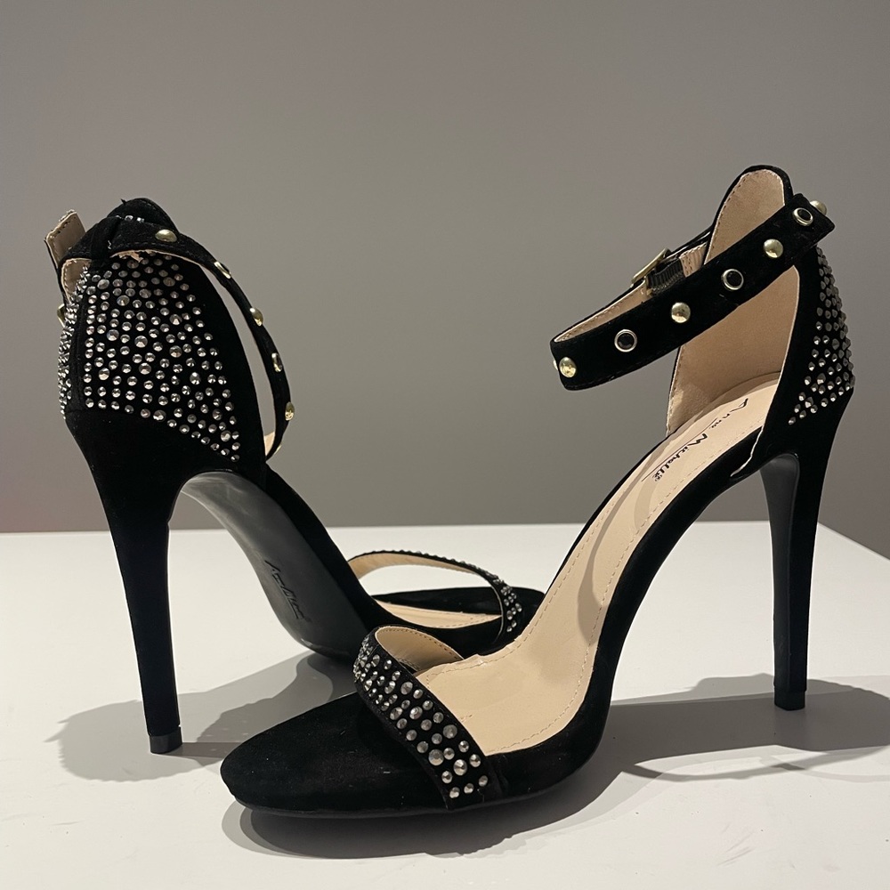 Black Vegan Suede Heeled Sandals with Rhinestone Detail